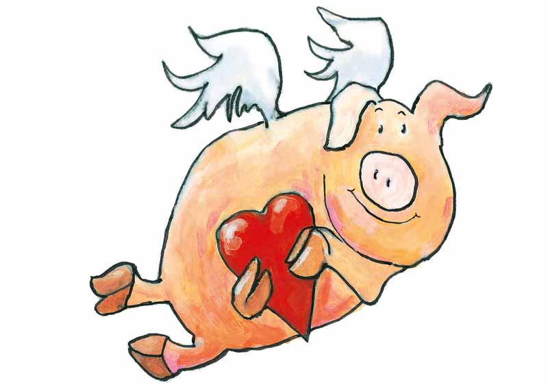 Postkarte - fliegendes Schwein mit Herz